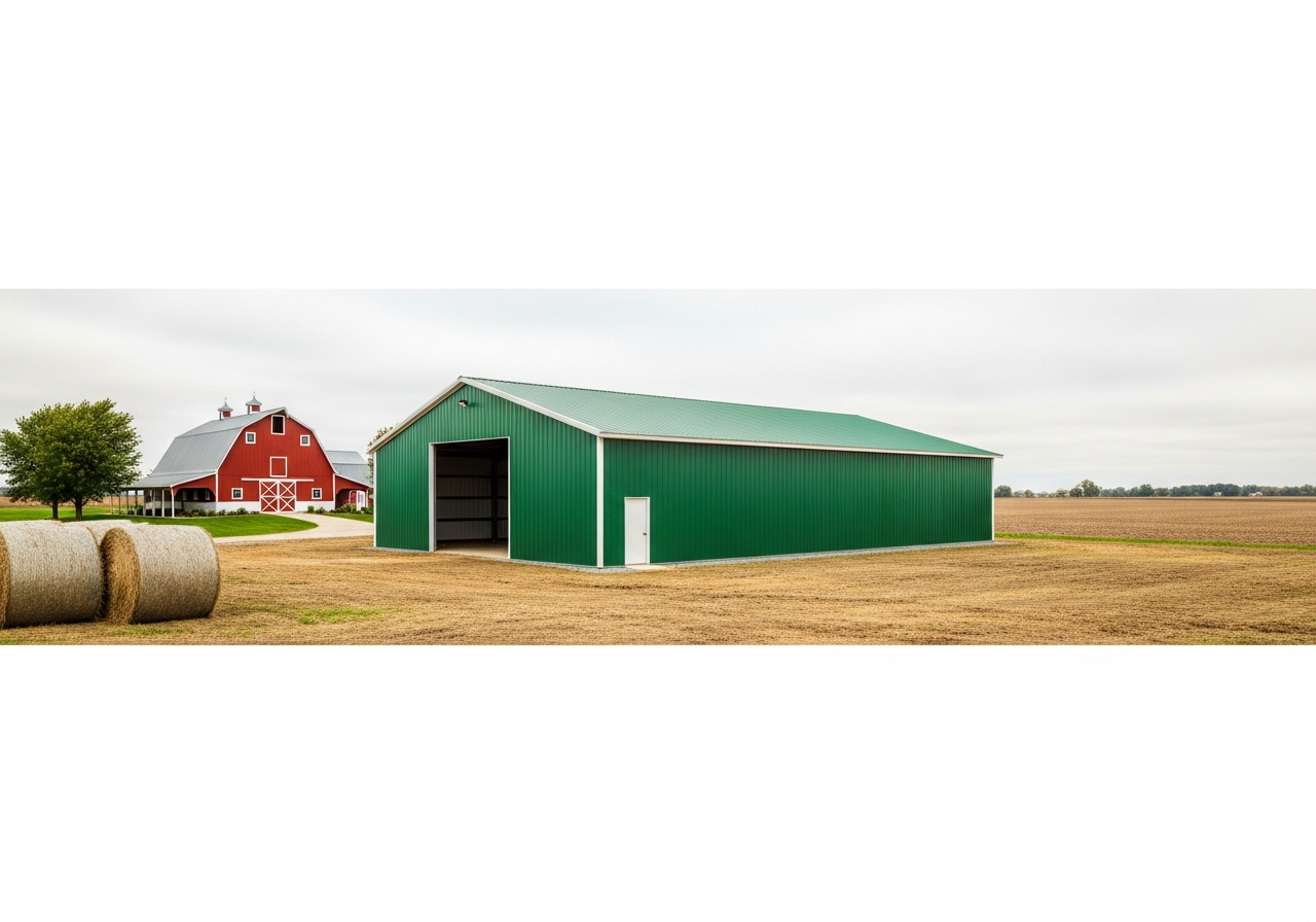 Large agricultural metal building with wide span and hay door