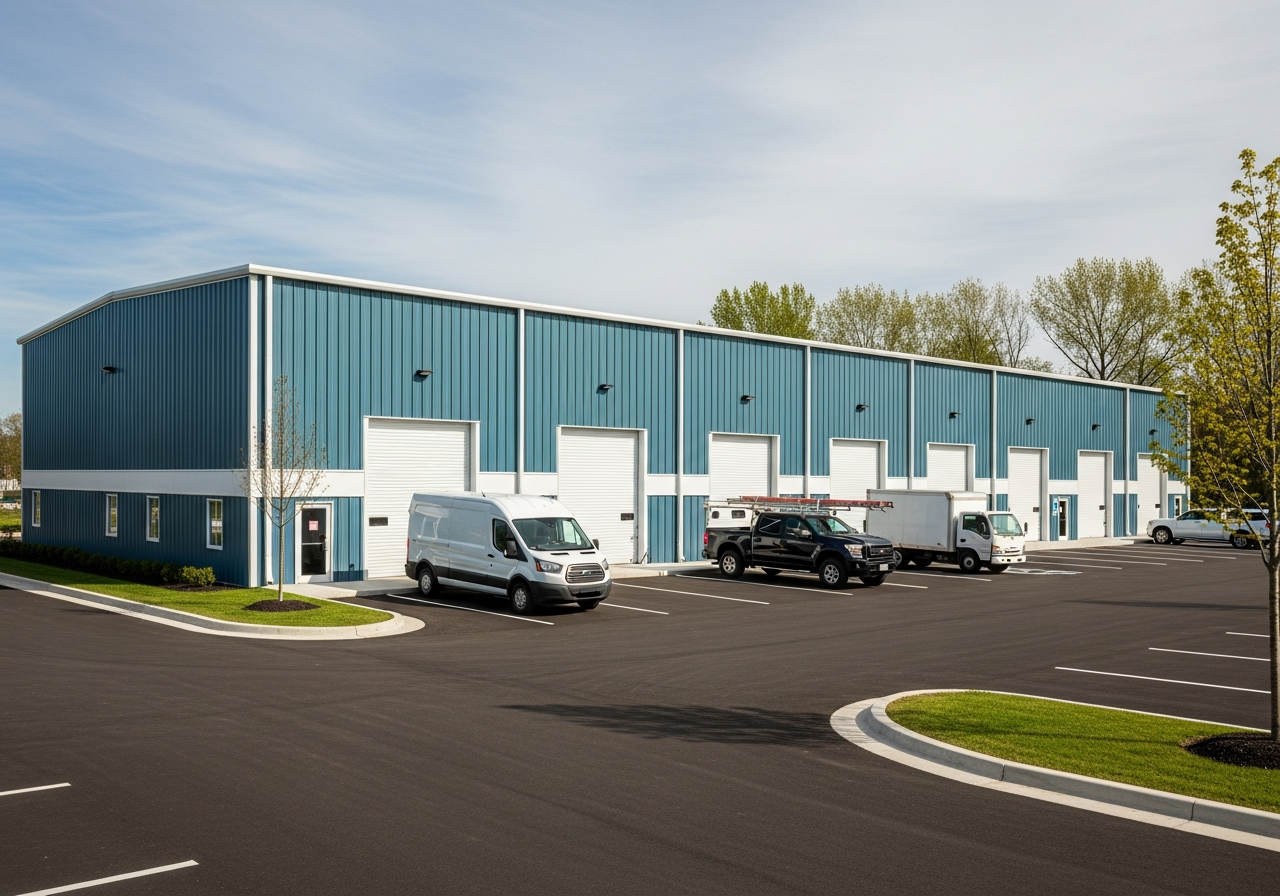 Commercial metal storage building with roll-up doors