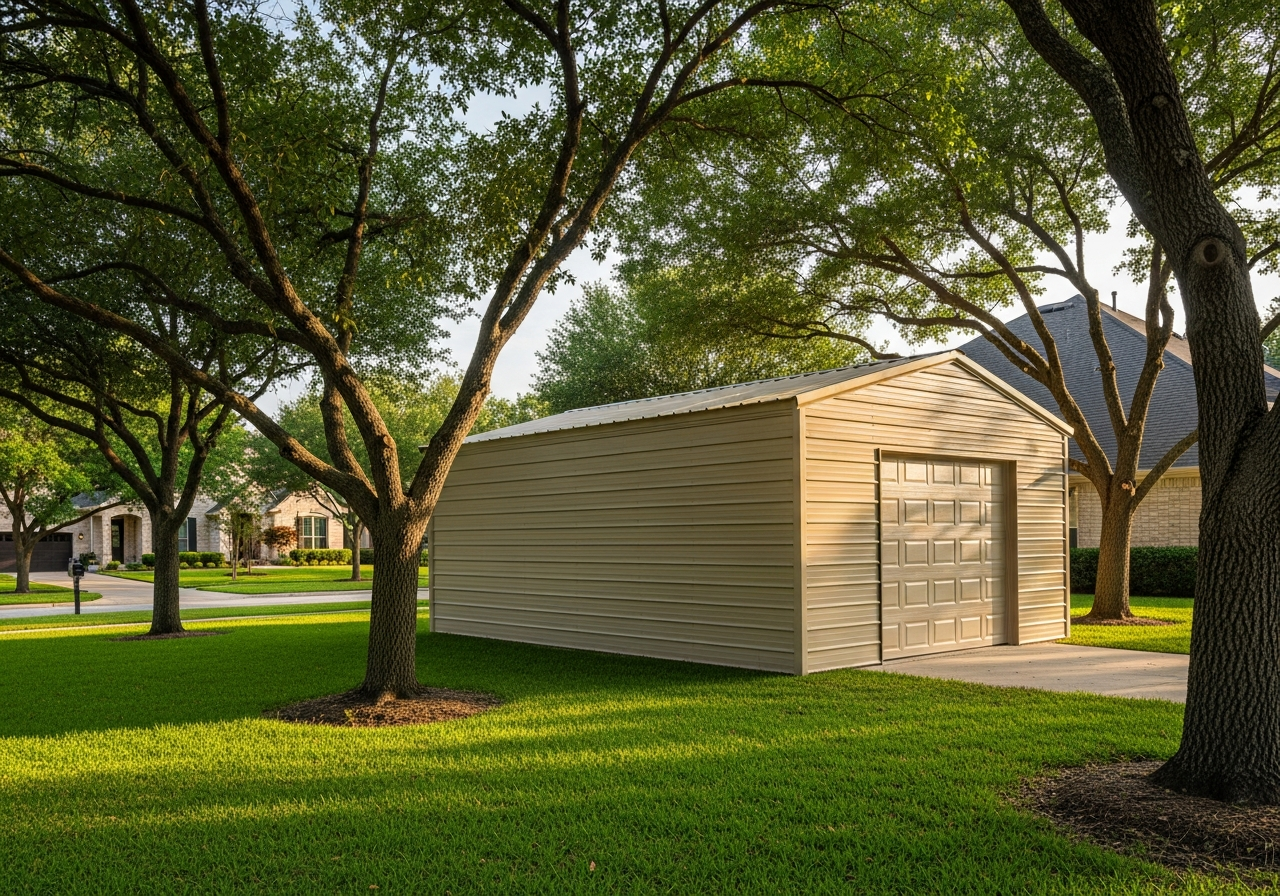 24x30 residential metal garage with concrete slab and landscaping