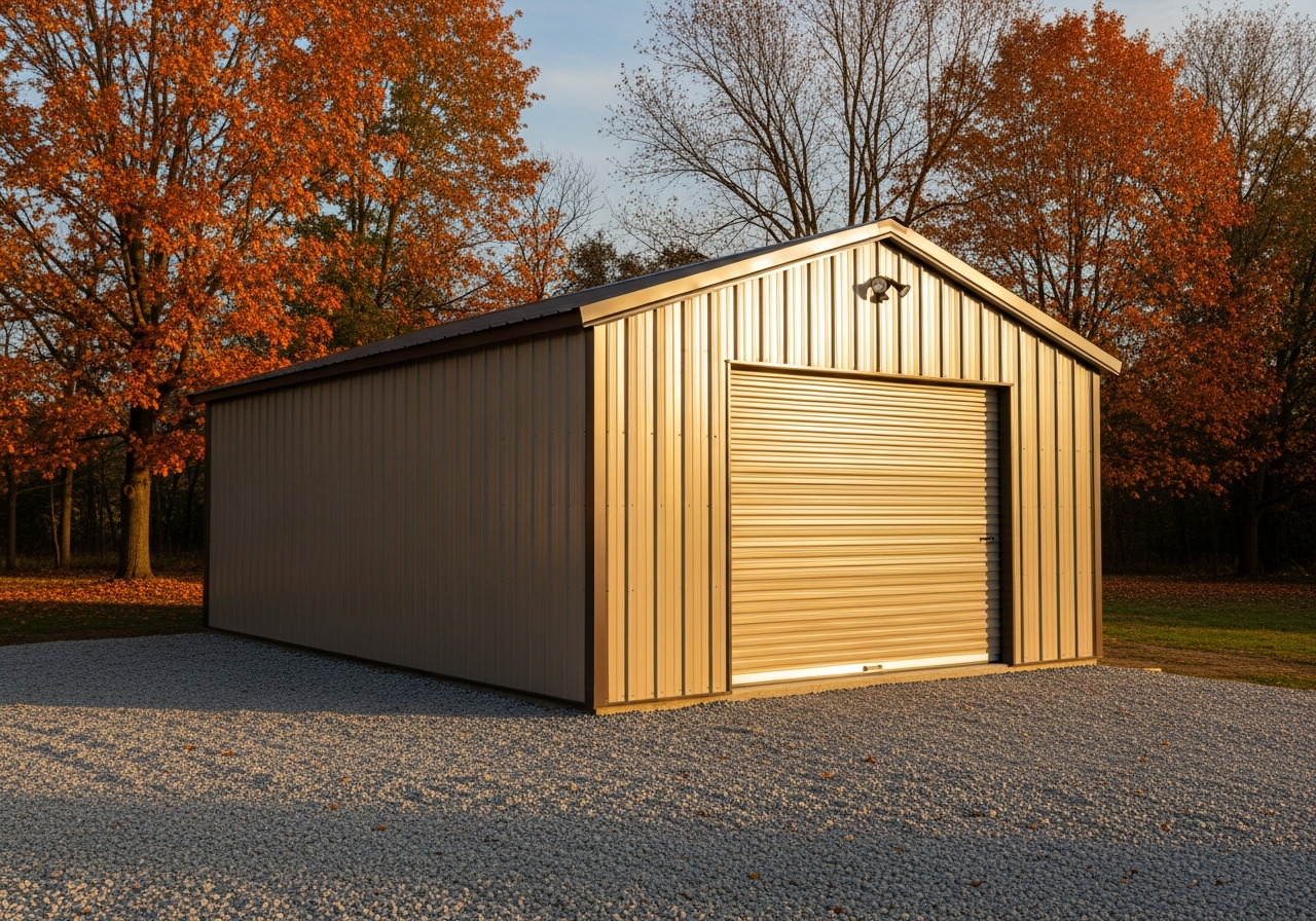 Compact metal garage in fall setting with concrete apron