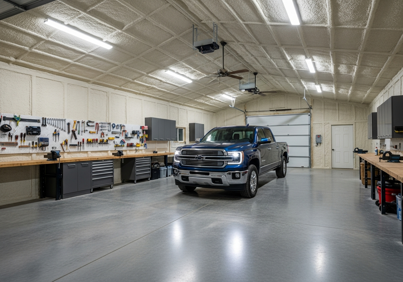 Interior of insulated metal workshop with overhead lighting