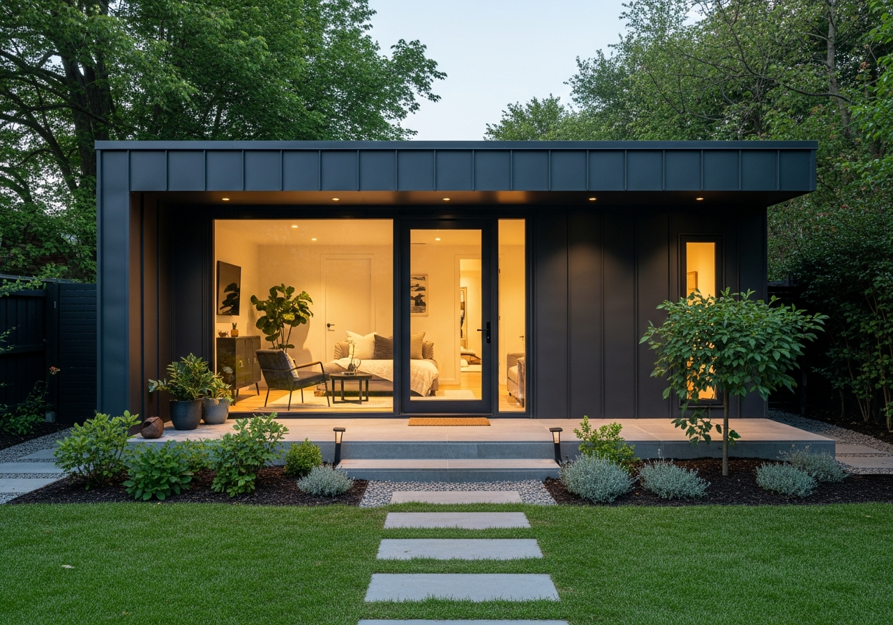 Modern black steel she shed with clean lines in a landscaped backyard